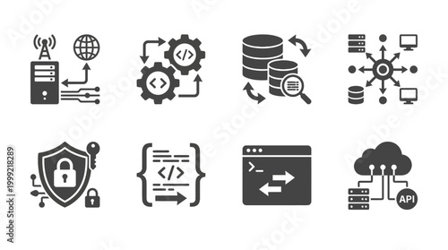 Tableau sur toile Collection of technology icons illustrating data transfer, security, and network