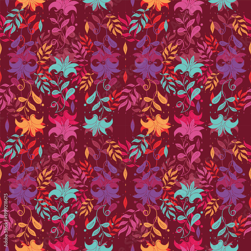 Bright Floral Pattern with Red Background and Multicolor Leaves, Seamless Botanical Design for Fashion, Home Decor, and Fabric Printing, Vibrant Artistic Motif