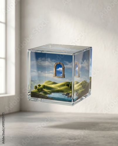 Floating Glass Cube with Miniature World and Copy Space