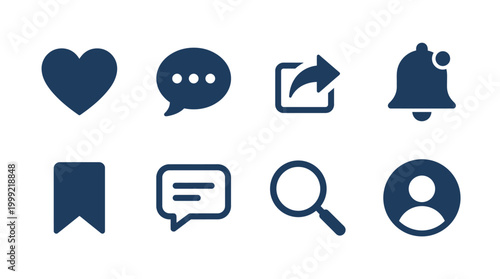 Collection of simple, modern icons representing social media interactions and notifications