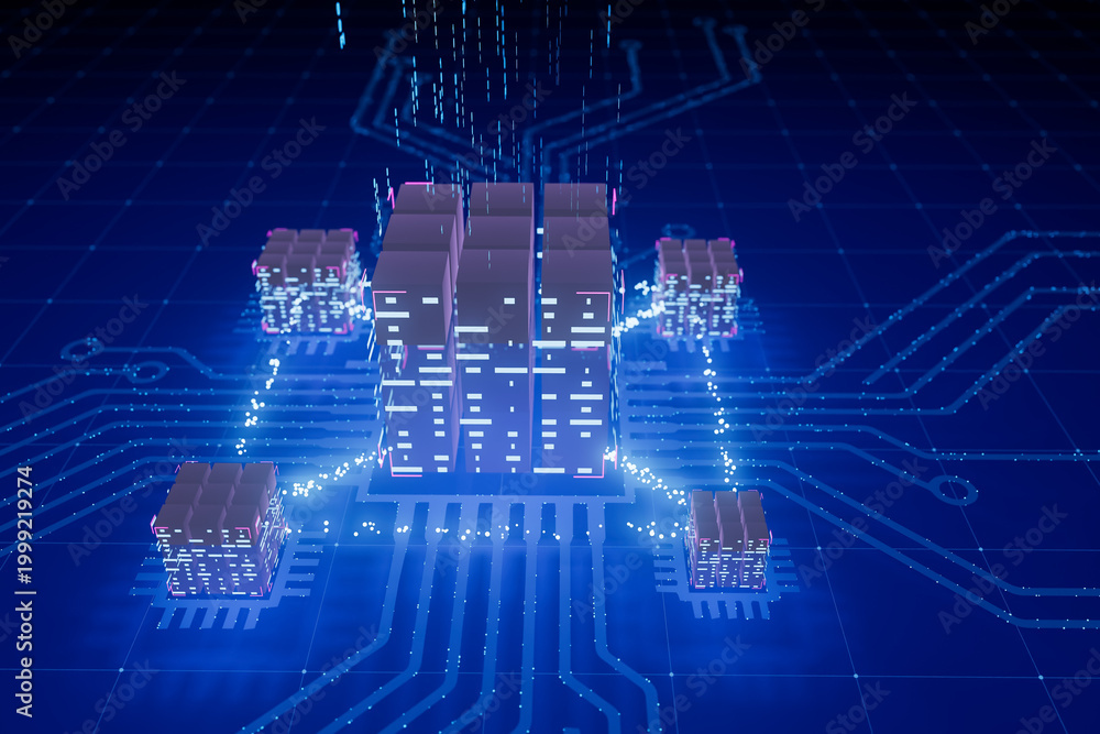 Fototapeta premium Network of computers connects in a digital landscape with bright lights and circuits