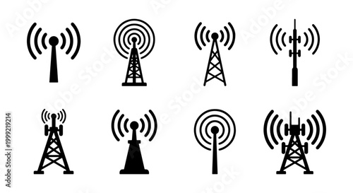 Collection of various cell tower and antenna icons in black color
