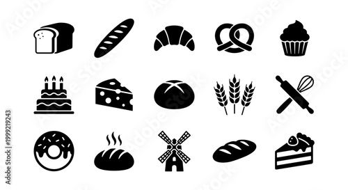Collection of various baked goods and bakery icons in black