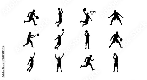 Collection of various sports player silhouettes in different actions and poses