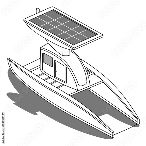 Solar powered boat illustration with flat panel and hull design