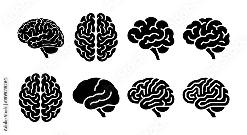 Collection of various black silhouette brain illustrations