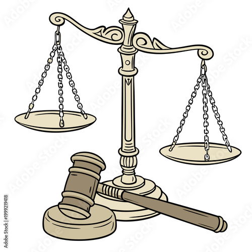 vintage scales of justice with gavel line drawing illustration high quality