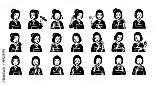 Collection of Japanese Women in Traditional Kimono Outfits.