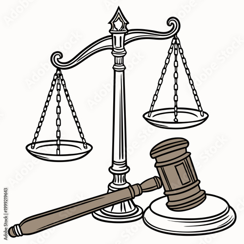 Balance scale with gavel justice symbol line art illustration high quality