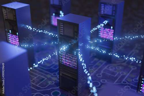 Network servers connected with digital data flow in a modern data center at night