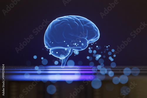 Floating blue brain with glowing particles above a surface in a dark background during digital art creation