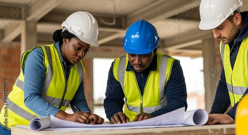 Construction team collaboration architects reviewing blueprints on a building site