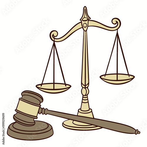 Justice scale and gavel golden vector illustration on white background