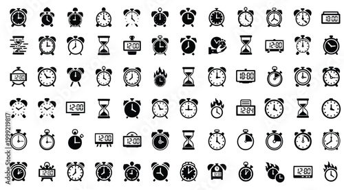 Set of various clock and timer icons, flat vector illustration of timekeeping devices