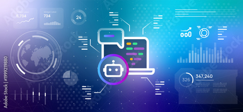 Artificial intelligence software development and automated programming concept with robot icon on laptop screen showing colorful code lines and chat bubble interface