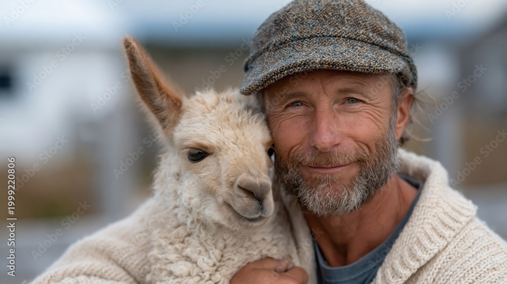 Fototapeta premium A heartwarming scene of a man cuddling a baby alpaca, showcasing the bond between humans and animals, portraying love, affection, and the beauty of companionship in nature.