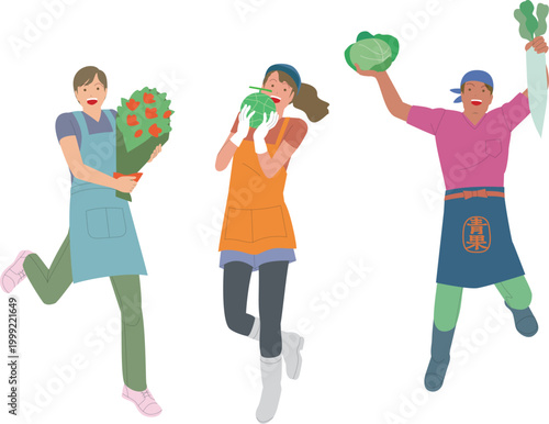 花屋と果物屋と八百屋の男性と女性。元気で働くイメージのイラスト