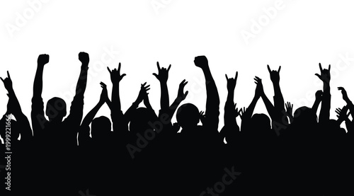 Crowd of people cheering with hands raised in silhouette