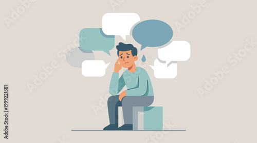 Man Sitting and Thinking with Thought Bubbles Concept.