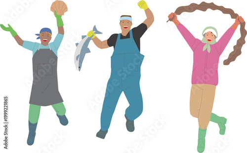 ホタテ、魚、昆布、漁師の男性と女性。元気で働くイメージのイラスト