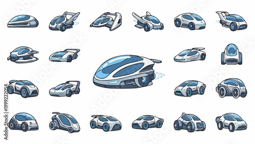 Futuristic electric vehicles collection, sleek designs, advanced technology, autonomous driving concepts.