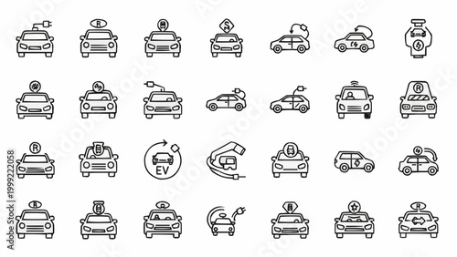 Electric Vehicle and Taxi Car Icons Set for Modern Transportation.