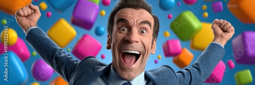 Excited Man Celebrating in Colorful Confetti