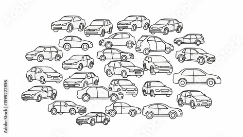 Hand-drawn sketch of various cars in a cluster, showcasing different models and perspectives.