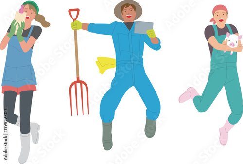 酪農畜産業の男性と女性。元気で働くイメージのイラスト