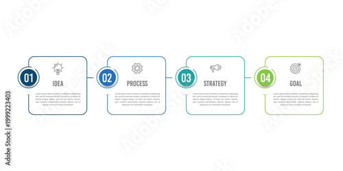 Infographic illustrates the strategic planning process using thin line icons and four steps. Vector illustration.