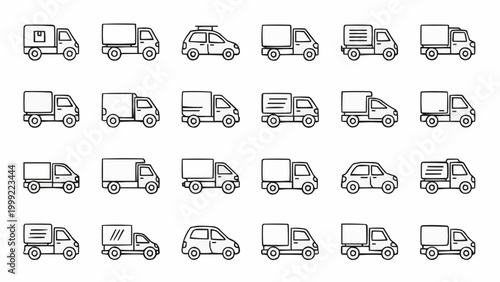 Collection of various delivery trucks and cars in a doodle style.