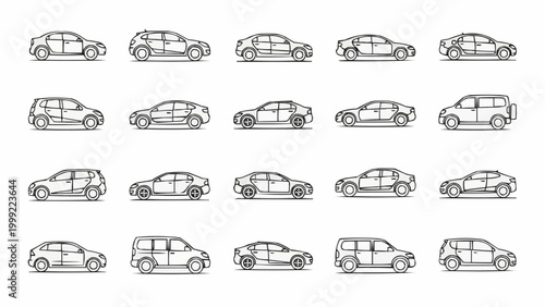 Collection of Hand-Drawn Car Sketches - Diverse Vehicle Models in Outline Style.