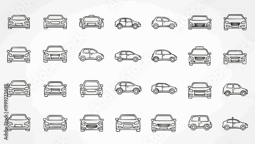 Collection of various car models in outline style, showcasing different perspectives and designs.