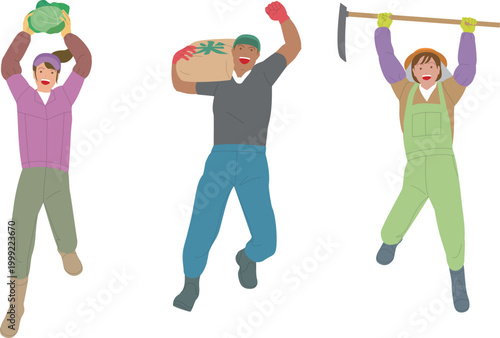 野菜、コメ、農業の男性と女性。元気で働くイメージのイラスト