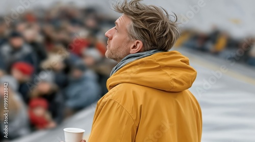 A contemplative man wearing a bright yellow raincoat stands looking up, surrounded by an urban crowd, creating a captivating focus amidst a sea of people in the background.