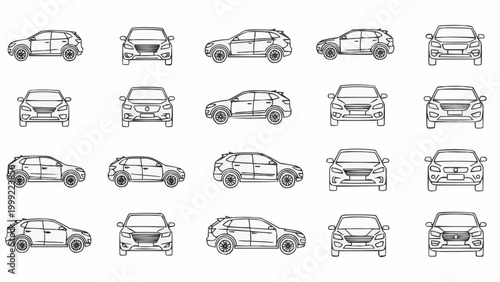 Detailed Outline Drawings of Various SUV Car Models from Multiple Angles.