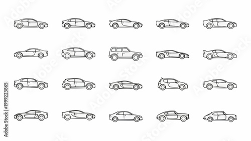 Collection of various hand-drawn car outlines in a minimalist style.