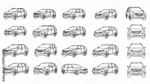 Collection of Hand-Drawn Car Sketches from Various Angles.