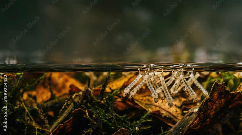 Obraz premium Mosquito larvae lined along water surface among leaf litter