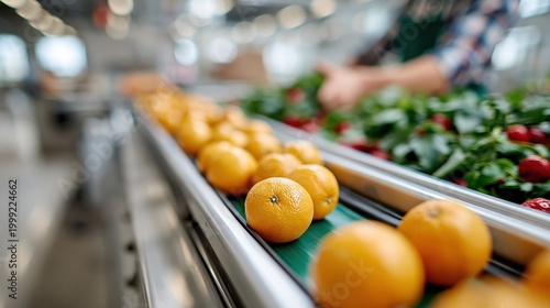 A vibrant assembly line showcases freshly picked oranges, symbolizing quality control and the journey from farm to table in the food supply chain.