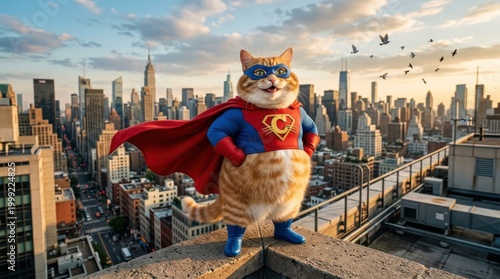 A cat dressed as a superhero stands on a rooftop overlooking a cityscape during sunset.