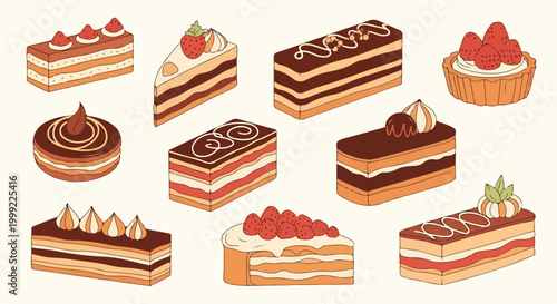 A collection of 10 illustrated desserts with various toppings