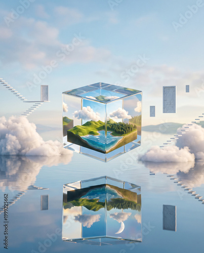  Surreal Floating Glass Cube Landscape in the Clouds