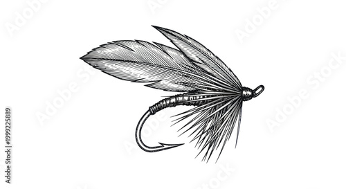 Hand-drawn fishing fly with feathers and hook on white background, vintage style illustration