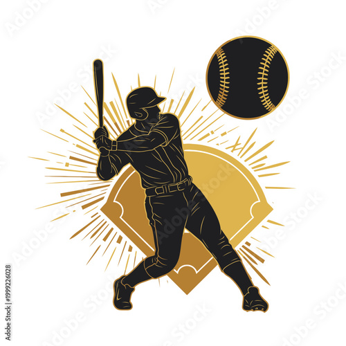 Baseball Player Silhouette Batting Strike with Golden Sunburst and Diamond