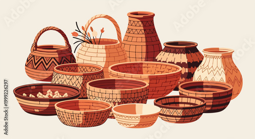 A collection of 12 brown pottery items on beige