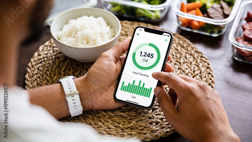 An individual uses a mobile application on a smartphone to track calories and monitor their daily food intake for health.
