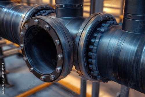 Close-up of large black metal pipes and flanged coupling with bolts and gear-like seals in industrial plant, conveying robust precision and mechanical strength