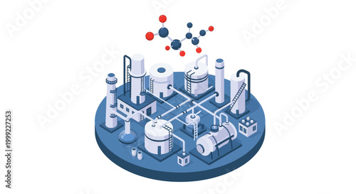 Isometric illustration of a chemical plant with molecular structures, representing industrial processes and scientific research.