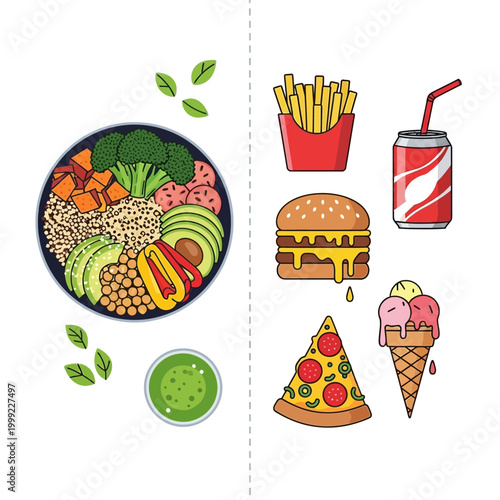 Healthy Bowl vs. Junk Food - Flat Design Comparison